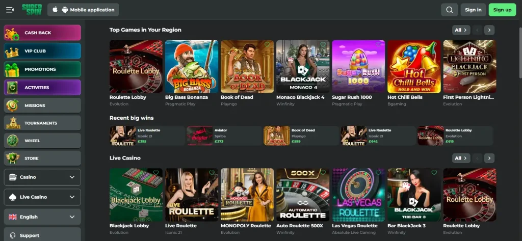 SuperSpin game lobby with multiple casino game categories and providers