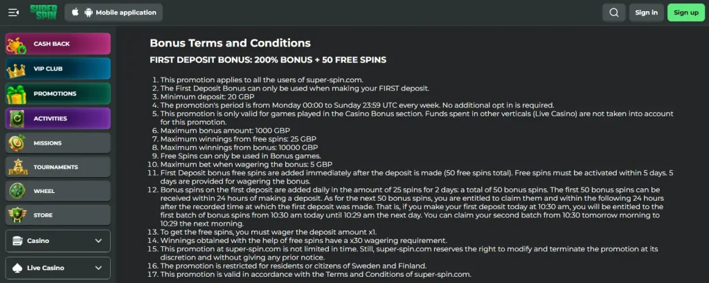 SuperSpin official bonus terms showing the first deposit promotion