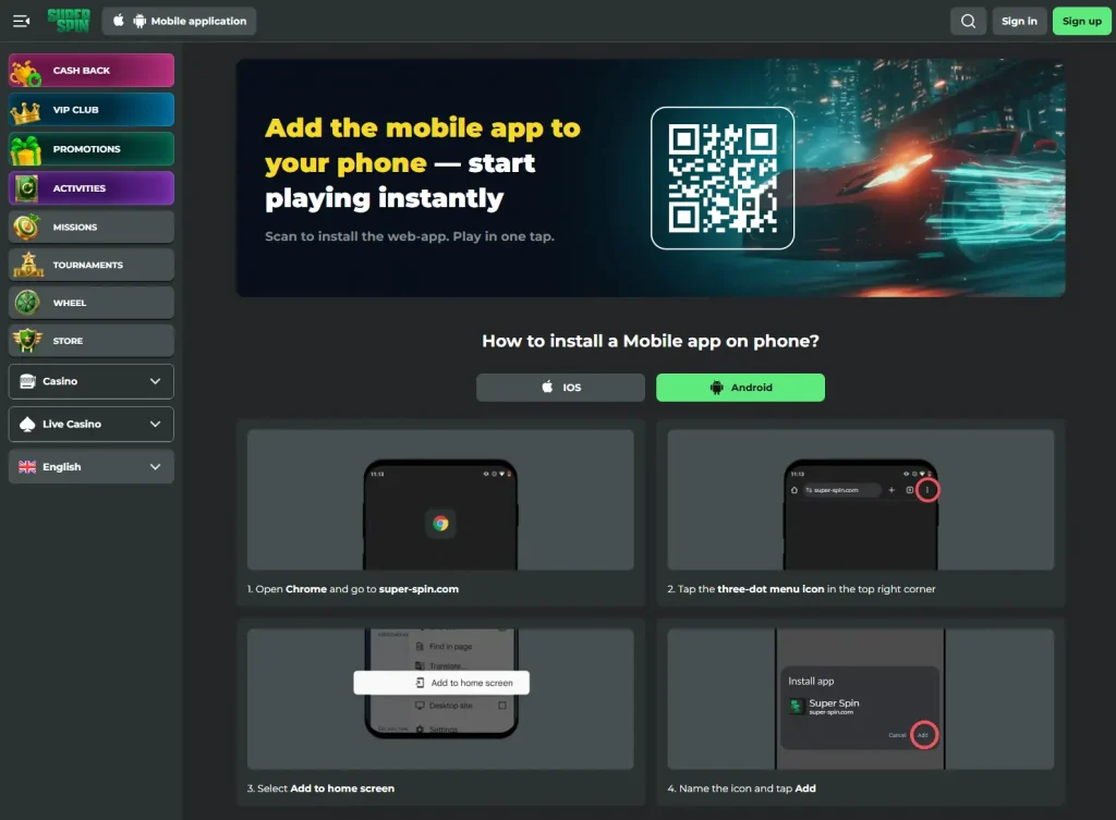 SuperSpin official mobile installation or add-to-home-screen instructions