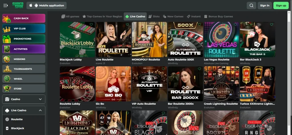 SuperSpin live casino lobby with dealer-led game categories