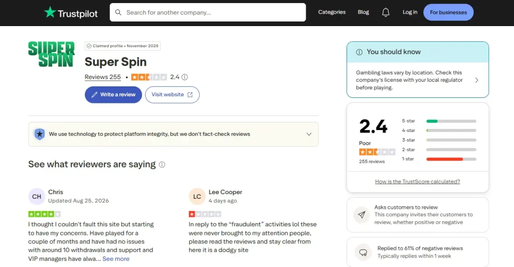 Current Super Spin Trustpilot profile showing TrustScore and review volume