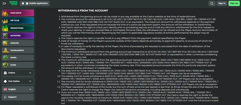 SuperSpin official terms showing withdrawal limits and payout rules