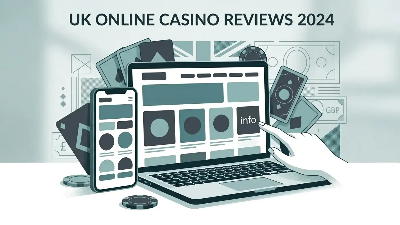Editorial illustration representing a UK-focused online casino review on desktop and mobile