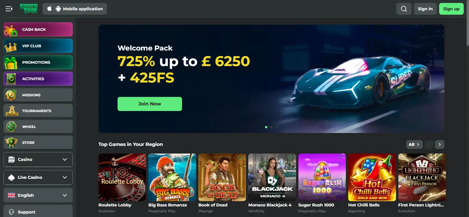 Current Super Spin homepage and casino interface